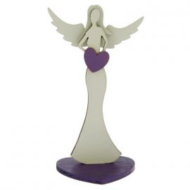 Anděl ze dřeva se srdcem - fialový, 16,5 cm