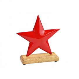 Červená hvězdička s podstavcem z mangového dřeva - 16x15x5cm