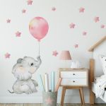 Samolepka na zeď - Slůně s balónkem (růžová)