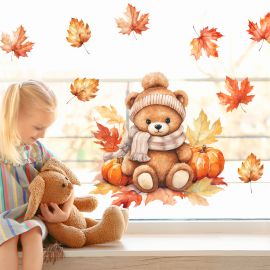 Samolepka na sklo - Podzimní medvídek s listy