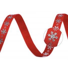 Vánoční rypsová stuha - vločky, 10 mm, červená/stříbrná