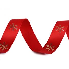 Vánoční saténová stuha - vločky, 20 mm, červená