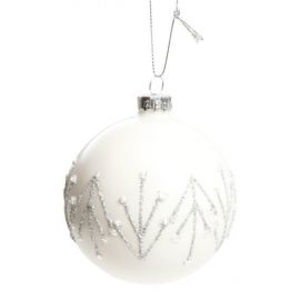 Bílá baňka na vánoční stromeček - stříbrné třpytky, 8 cm
