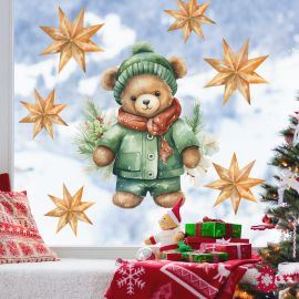Vánoční samolepka na okno - Medvídek s hvězdami