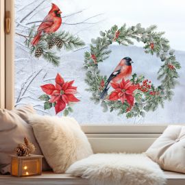 Vánoční samolepka na sklo - Vánoční věnec s ptáčky