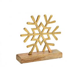 Zlatá sněhová vločka na podstavci z mangového dřeva - 18x18x6cm
