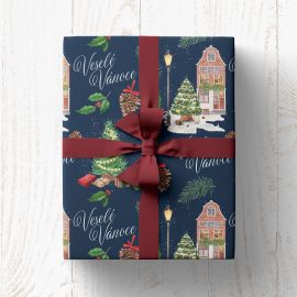 Vánoční balicí papír - Veselé Vánoce (domečky) - 3 archy