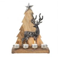 Svícen - dřevěný stromeček s jelenem, 33.5 cm